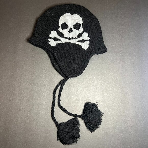 Skull & Bones Black Grey Acrylic Beanie Hat w/ Chin Straps Youth Size 4 - 16 - Picture 1 of 5